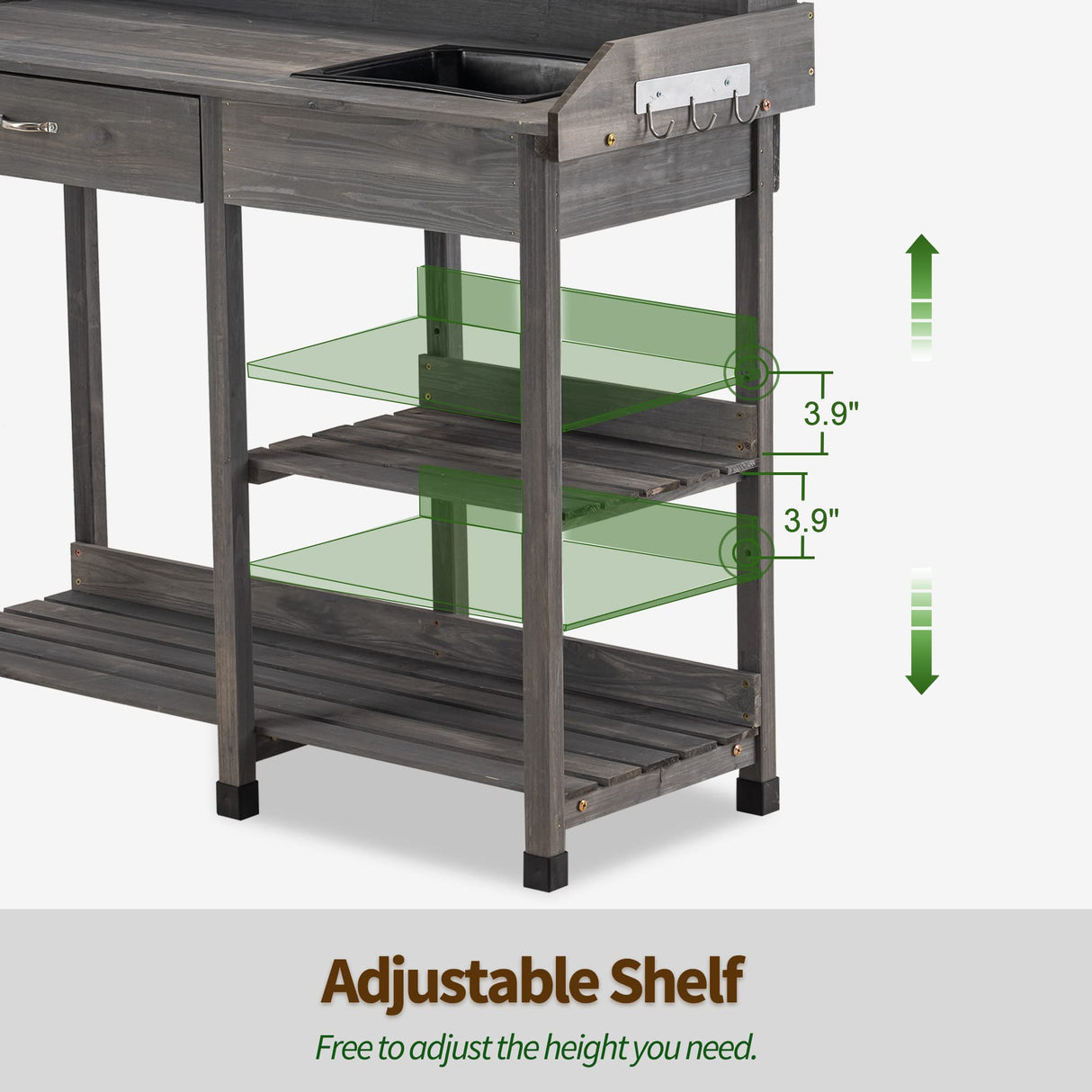 MCombo Potting Bench, Outdoor Garden Potting Table with Dry Sink, Drawer, Storage Shelves, Natural Wooden Work Station for Patio, Backyard and Porch 0458 (Grey) MCombo