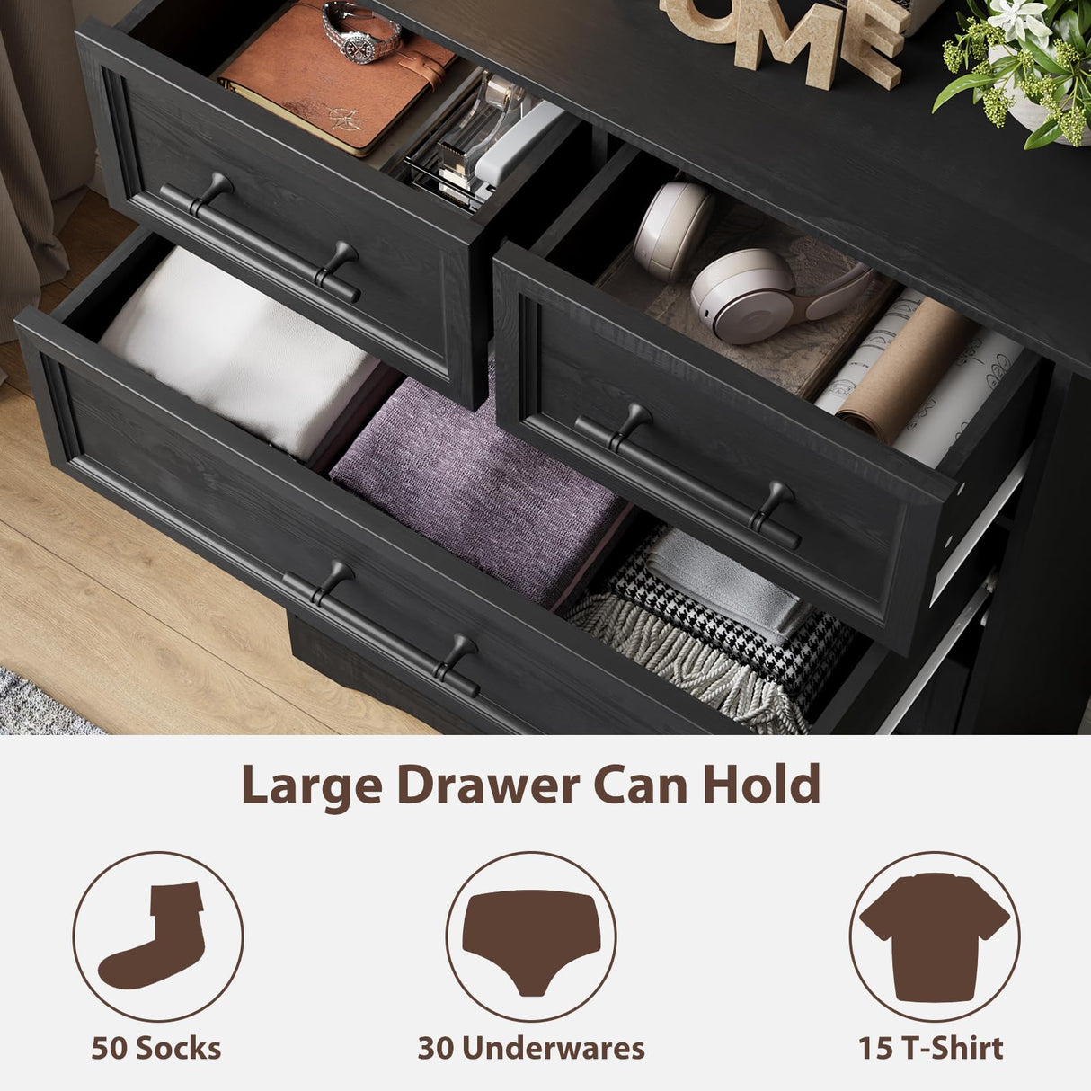 Black Dresser for Bedroom, Modern 6 Chest of Drawers, 44" Tall Chest of Drawers w/Brushed Metal Handle, Wood Closet Organizers and Storage Cabinet for Bedroom, Living Room, Hallway Harpaq