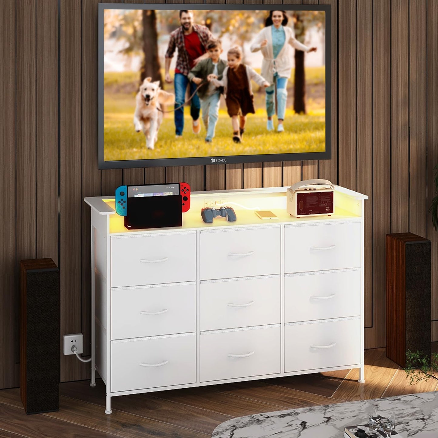 EXOTICA White Dresser with LED Light for Bedroom 9 Drawer Dressers with Charging Station Chests of Drawers for Entryway Closet Living Room Hallway Sturdy Steel Frame Wooden Top Easy Pull Handle