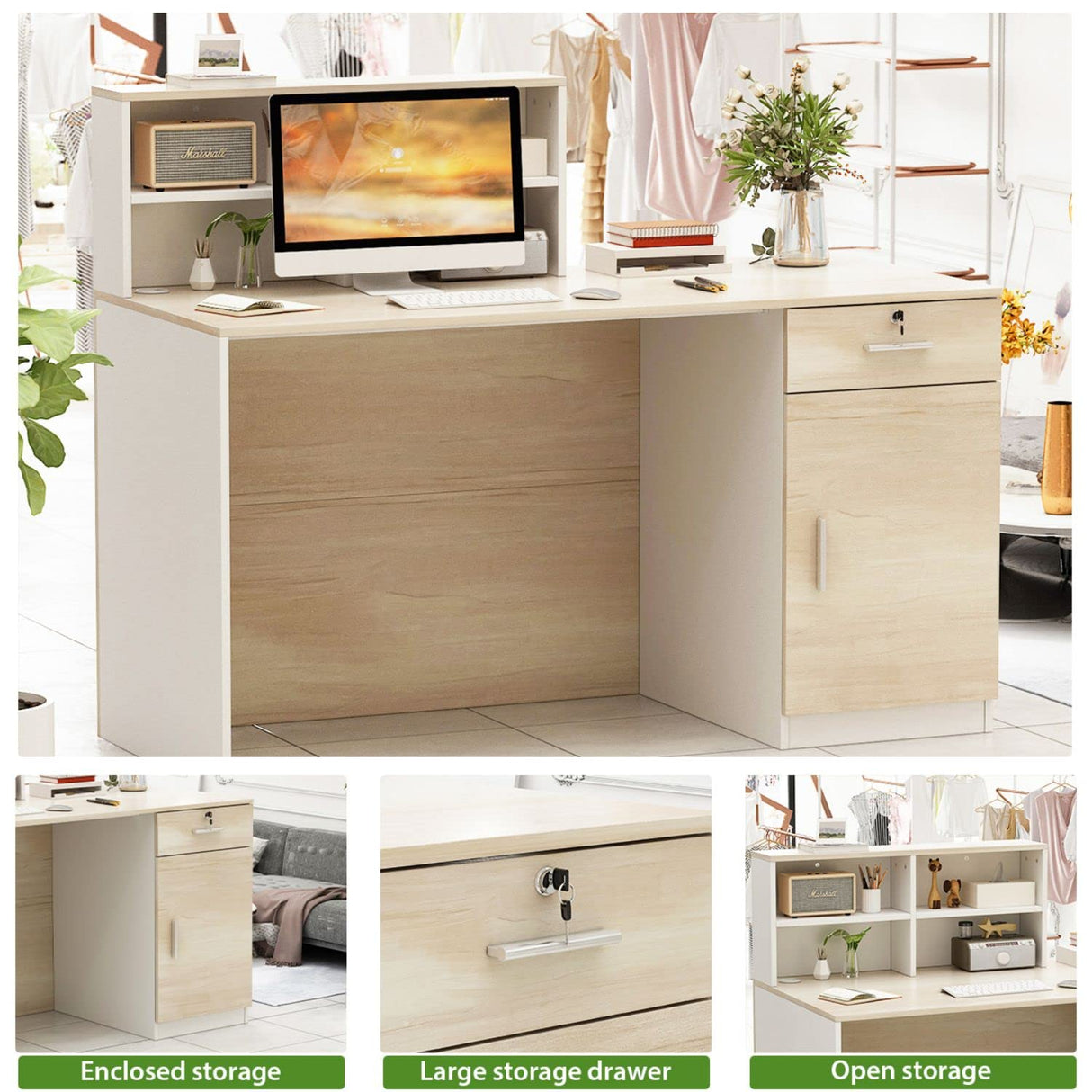 FAMAPY Reception Desk Retail Counter with Lockable Drawer & Shelves, Front Desk Reception Table for Salon Lobby Shop White and Oak 55.1'W x 23.6'D x 43.3'H FAMAPY