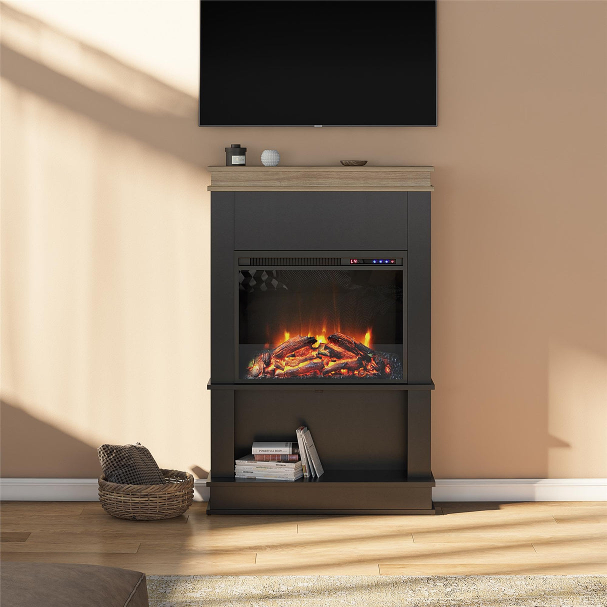 Ameriwood Home Mateo 30 Inch Electric Fireplace with Mantel and Shelf, Replaceable Fireplace Insert Heater, Freestanding, Remote Control, Timer, Realistic Log and Flame Effect, Black Ameriwood Home