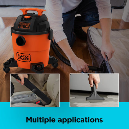 BLACK+DECKER Shop Vacuum Wet and Dry, 4 Gallon 3.0 Peak HP, 3-in-1 Portable Shop Vac with Accessories, Home and Car Vacuum Cleaner(BDXV18301P-4A) - WoodArtSupply