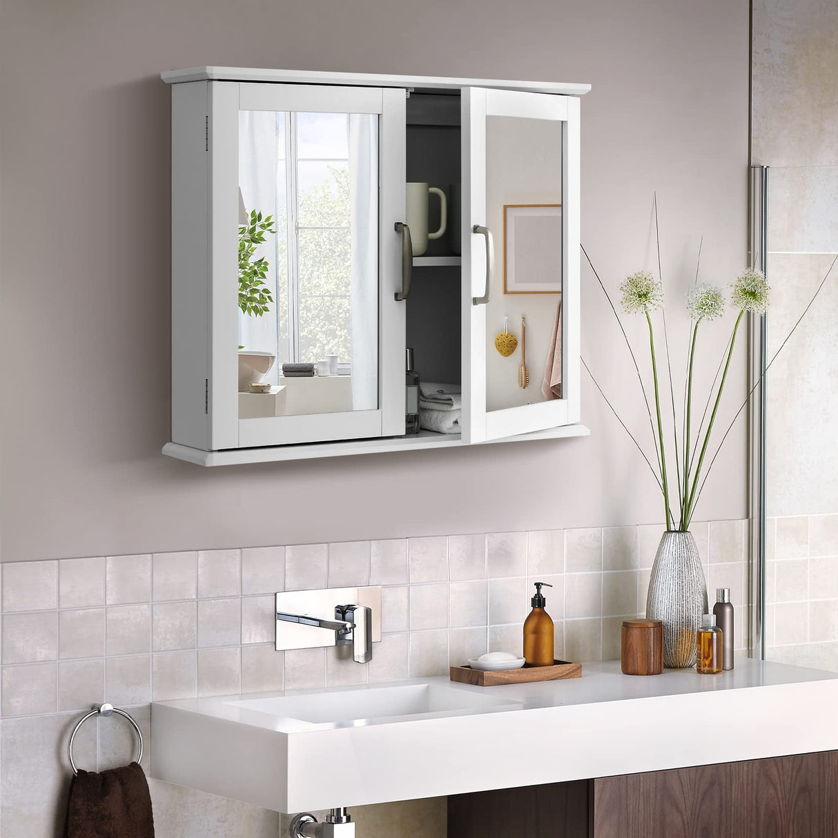 Tangkula Medicine Cabinet with Mirror, Bathroom Wall Mounted Mirror Cabinet with Double Mirror Doors, Bathroom Mirror with Storage Cabinet, 23.5 x 5.5 x 19.5 Inches (White) Tangkula