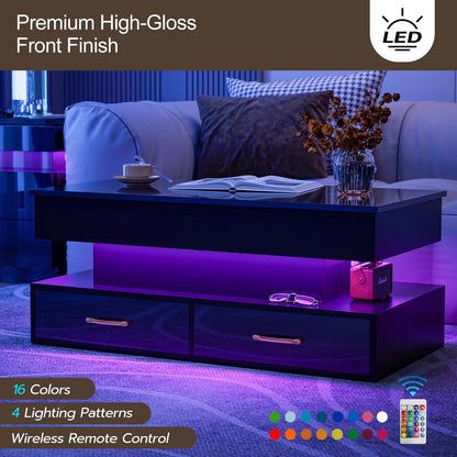 IKIFLY Modern Lift Top Coffee Table, High Glossy Coffee Table with 16 Colors LED Lights, Lift top Coffee Table with 2 Drawers and Hidden Compartment for Living Room Black - WoodArtSupply