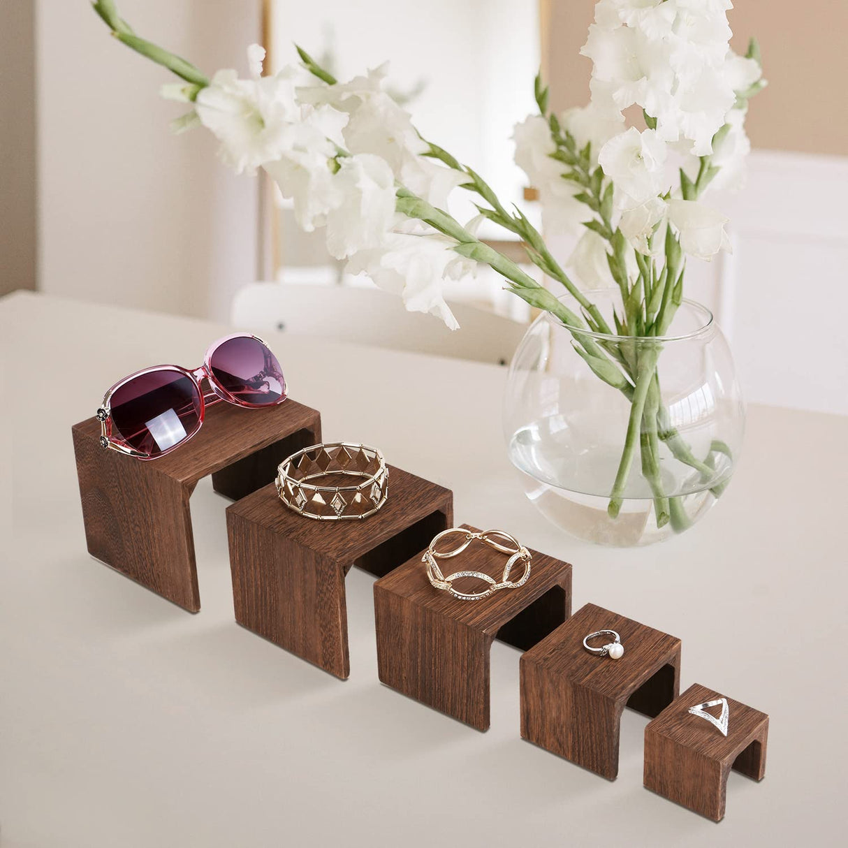 MOOCA 5-Piece Wooden Jewelry Display Risers - Multi-Function Retail Stands for Rings, Watches, Necklaces, Bracelets, and More - Various Heights, MOOCA