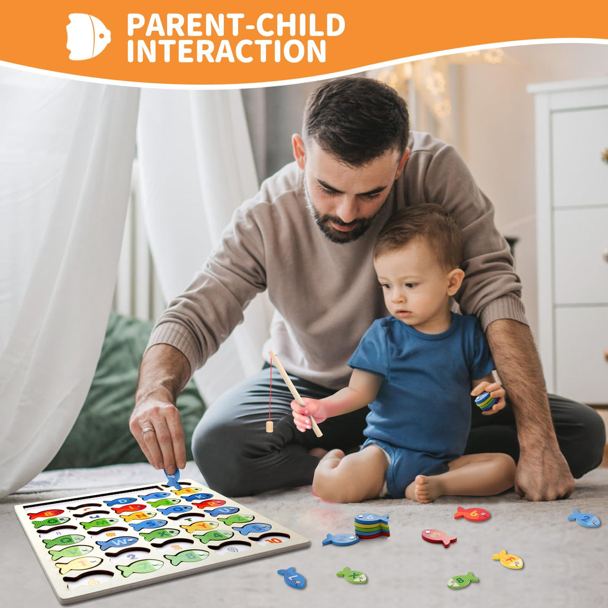 Diaodey Wooden Magnetic Fishing Game for Toddlers, Montessori Fine Motor Skills Toy with Letters and Numbers, Preschool Learning ABC and Puzzle Educational Toys Gift for 3 4 5+ Year Old Kids(2 Poles) Diaodey