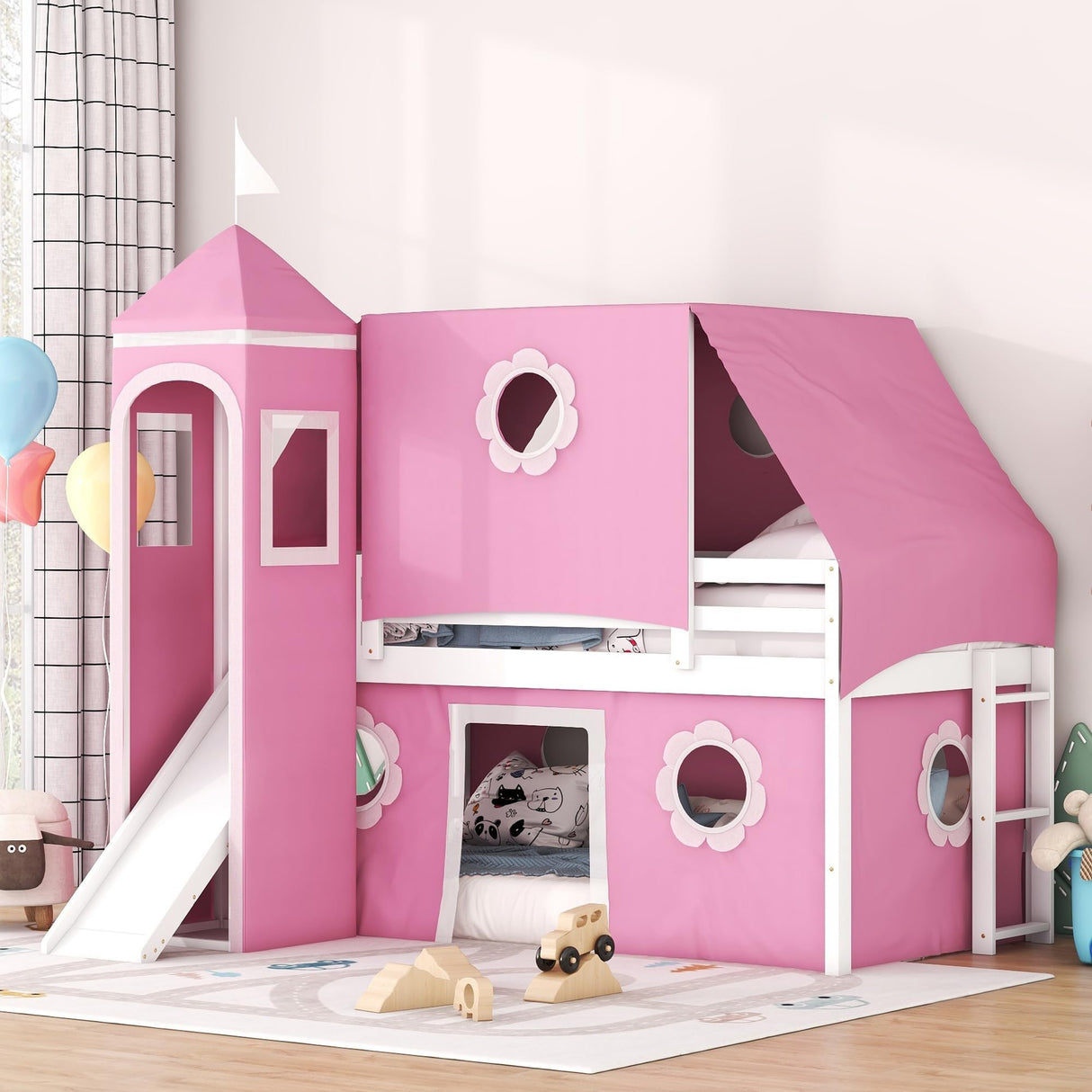 Polibi Twin Size Castle Loft Bed with Slide & Pink Tent and Tower, Playhouse Design Spacious Under Bed Space with Curtains, Wood Tent Bed Frame for Kids Boys Girls Polibi