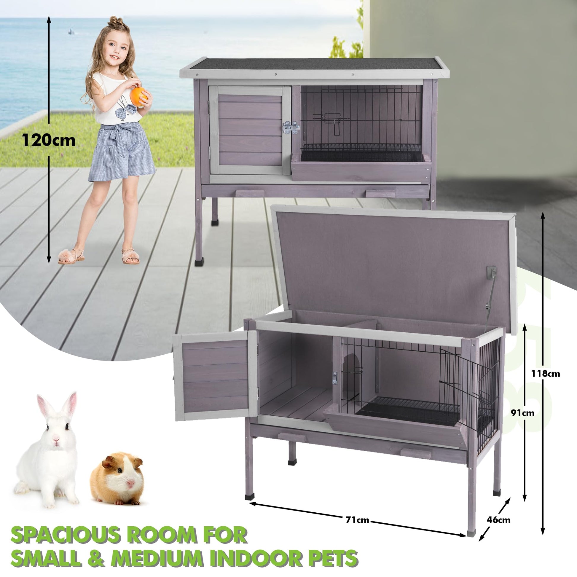 Rabbit Hutch, Wooden Bunny Cages Indoor with Deeper Leakproof Tray - Upgrade with Metal Wire Pan (Grey, Rabbit Hutch #001-B) Large - WoodArtSupply