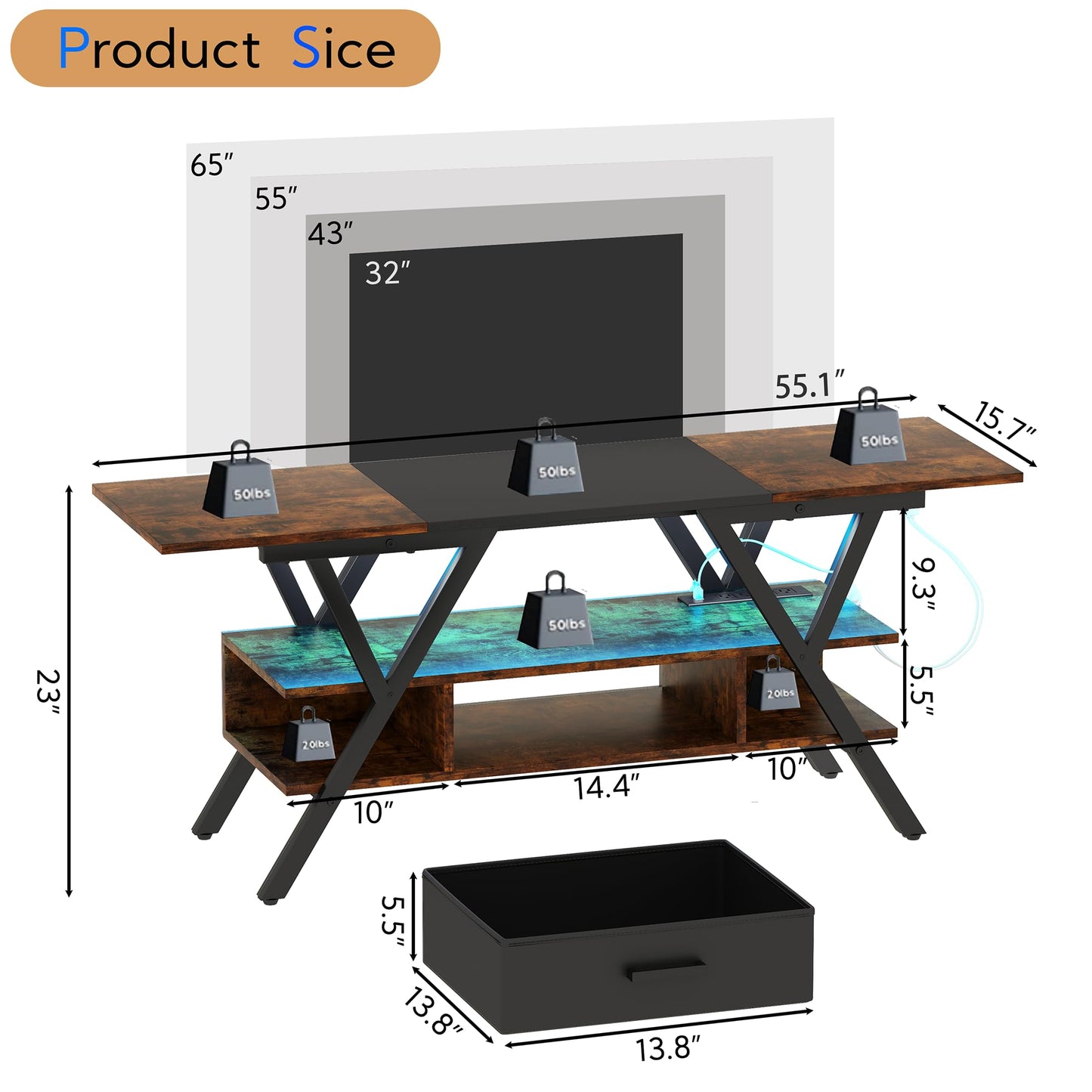 Yusong 65 inch LED TV Stand, Entertainment Center Gaming TV Table with Outlets, Up to 65" Media Console for Living Room, 29+DIY Dynamic RGB Modes, Rustic Brown and Black - WoodArtSupply