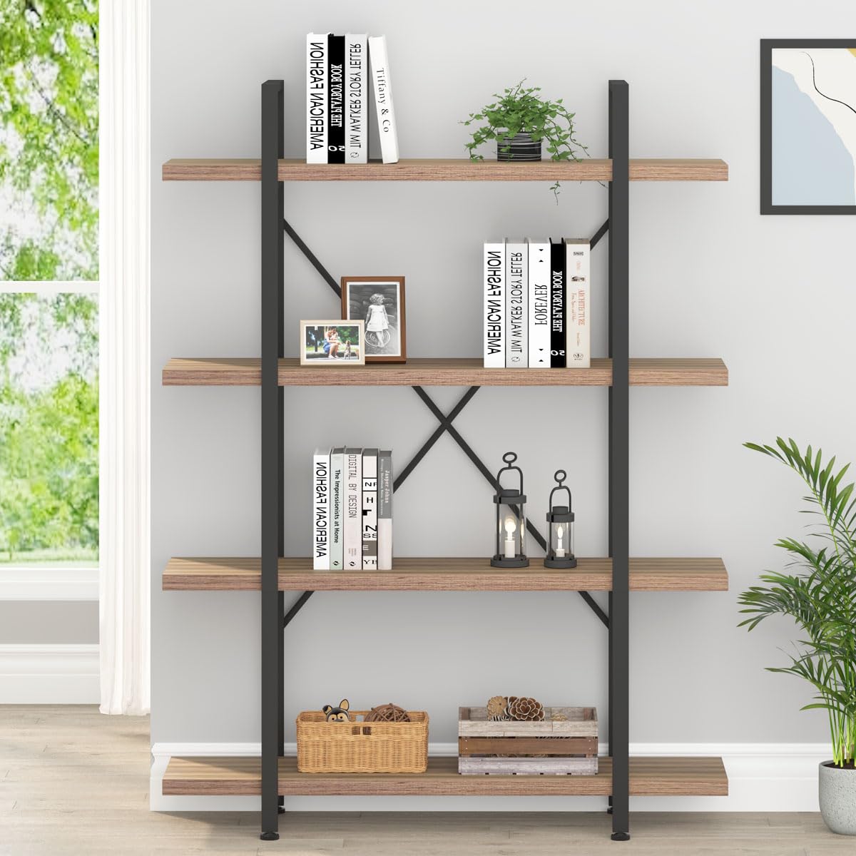 HSH Industrial 4-Tier Rustic Oak Bookshelf: Modern Metal & Wood Etagere for Versatile Home Storage HSH