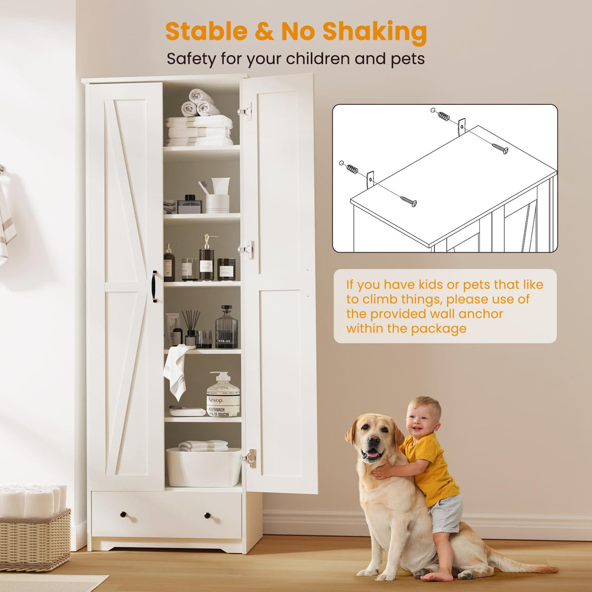 Teekyooly 70" Farmhouse Kitchen Pantry Cabinet, Tall Large Wood Storage Cabinet with 6 Adjustable Shelves, 2 Barn Doors & Drawer for Bathroom, Dining Room, Antique White Teekyooly