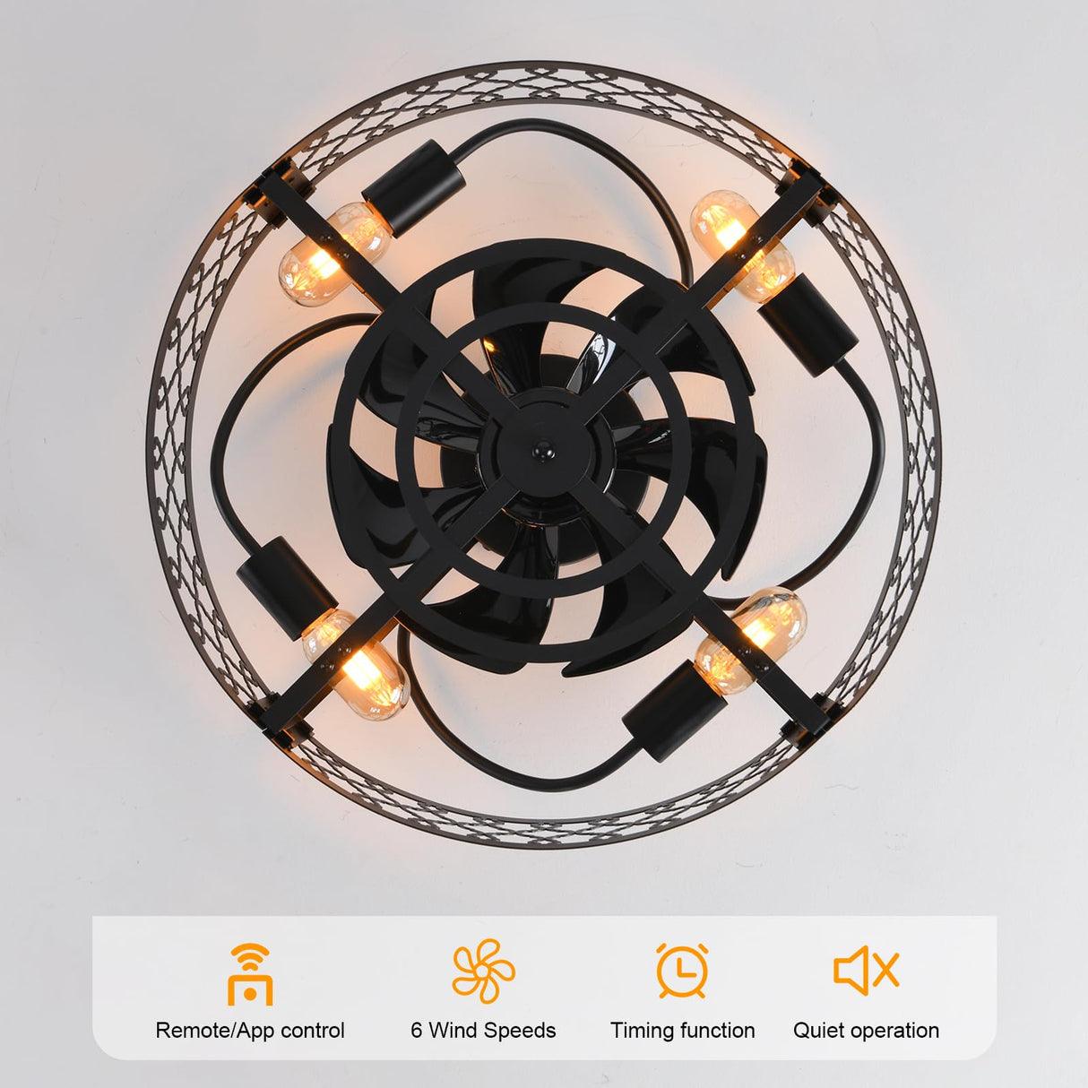 Garwarm 20in Caged Ceiling Fan with Light,Bladeless Black Fandelier Ceiling Fan with Remote,Industrial Farmhouse Flush Mount Ceiling Fan Light Fixtures for Kitchen,Bedroom, Living room（6 Speed,Timing） Garwarm