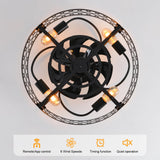 Garwarm 20in Caged Ceiling Fan with Light,Bladeless Black Fandelier Ceiling Fan with Remote,Industrial Farmhouse Flush Mount Ceiling Fan Light Fixtures for Kitchen,Bedroom, Living room（6 Speed,Timing） Garwarm