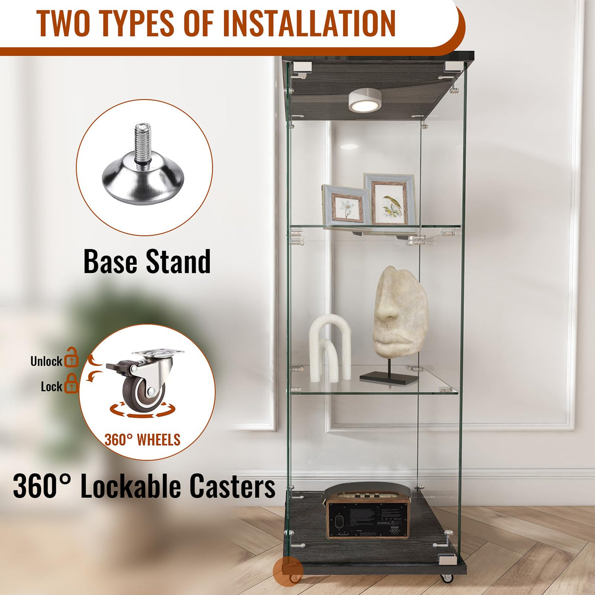 LKTART Glass Display Cabinet 3 Shelf with Single Door, Curio Display Cabinet with 12 Adjustable Color Led Light, 4 Caster Wheels with Brakes, 360 Rotation of Display Cabinets for Collectibles, Black LKTART