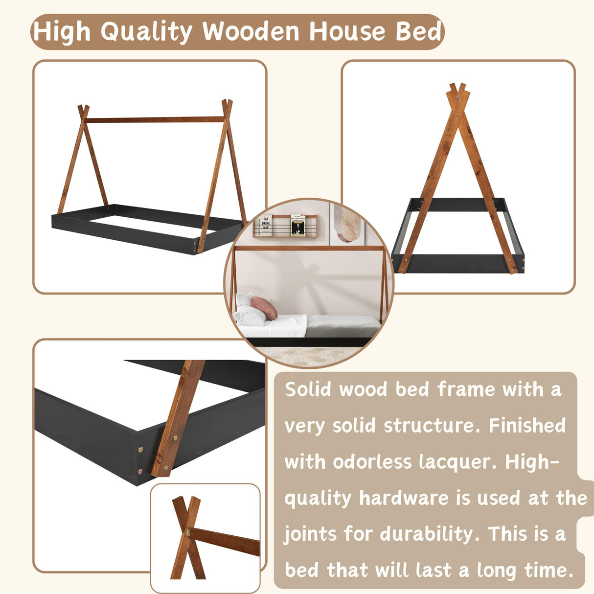 Wood Teepee Bed Twin Size Floor Beds for Kids, Montessori Style House Tent Bed Frame for Boys Girls Teens, No Spring Box Needed, Black with Brown Bellemave
