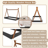 Wood Teepee Bed Twin Size Floor Beds for Kids, Montessori Style House Tent Bed Frame for Boys Girls Teens, No Spring Box Needed, Black with Brown Bellemave