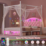 ADORNEVE Queen Canopy Bed Frame with LED Lights and Charging Station, Velvet Upholstered Platform Bed for Girls,Headboard with Charging Station & Guardrail & Crystal Button,Pink ADORNEVE