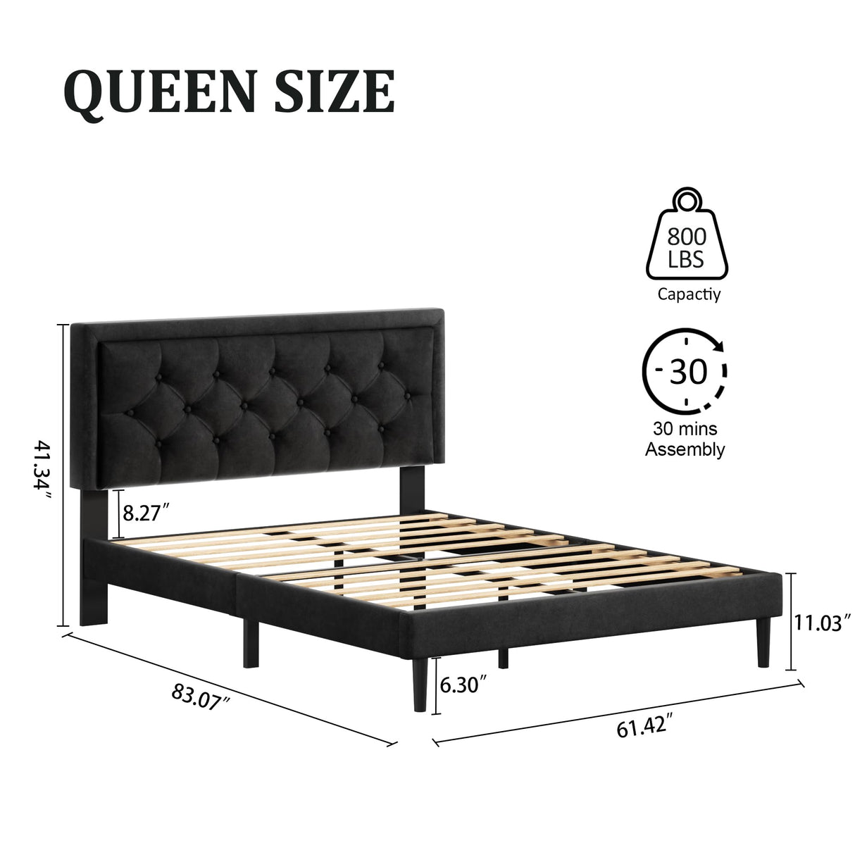 CXVX Queen Size Platform Bed Frame with Upholstered Velvet Button Tufted Headboard, Mattress Foundation with Wooden Slat Support, No Box Spring Needed, Easy Assembly, Noise Free, Black CXVX