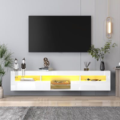 SIKHST Floating LED TV Stand for 85 Inch TV with Glass Shelves and Cabinet, 71 Inch Wall Mounted Modern Entertainment Center Media Console with Storage,White