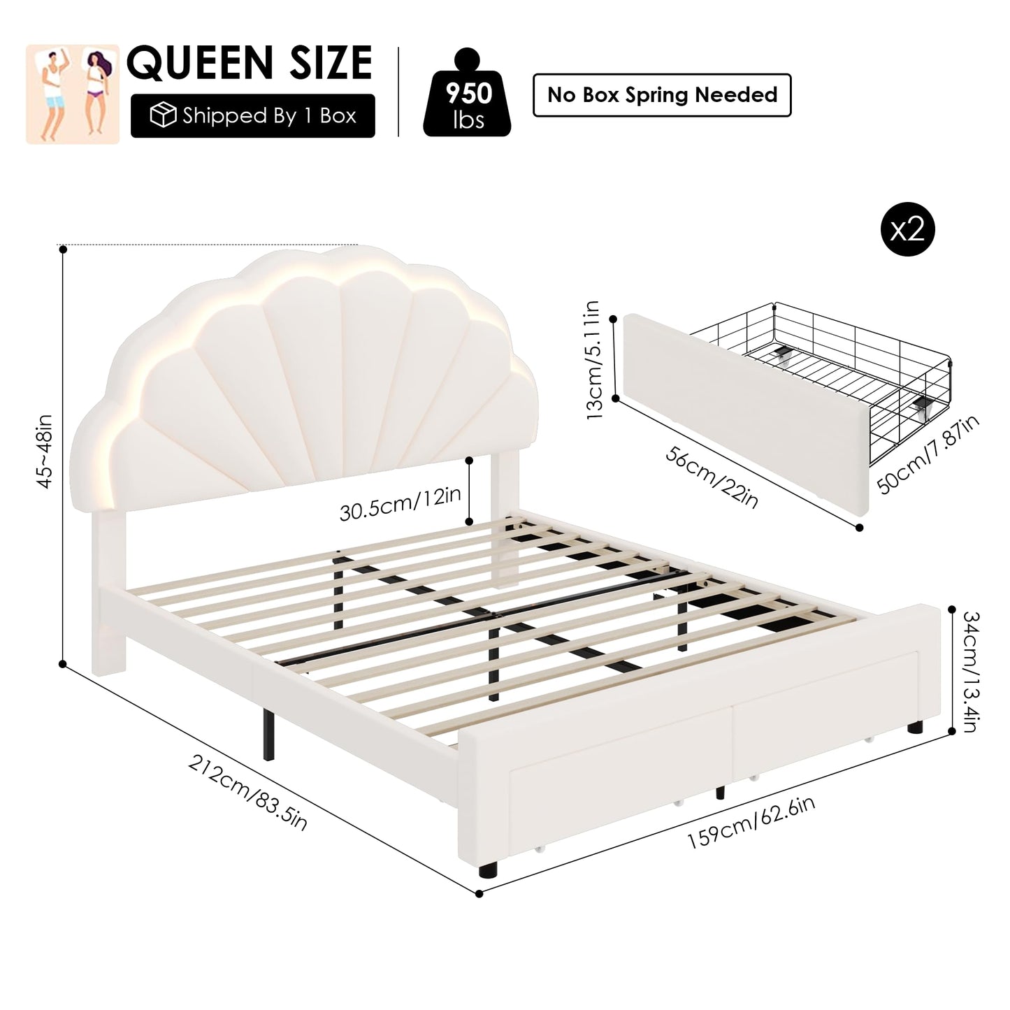 HIFIT Queen Smart LED Upholstered Bed Frame with Storage Drawers & Adjustable Velvet Headboard, Beige - WoodArtSupply