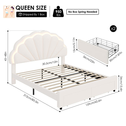 HIFIT Queen Smart LED Upholstered Bed Frame with Storage Drawers & Adjustable Velvet Headboard, Beige - WoodArtSupply