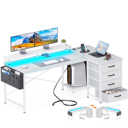 ODK 55-Inch Reversible L-Shaped Computer Desk with 4 Drawers, Gaming Desk with LED Lights & USB Power Outlets, Corner Office Desk with CPU Shelf & Monitor Stand, Study/Writing Table for Bedro - WoodArtSupply