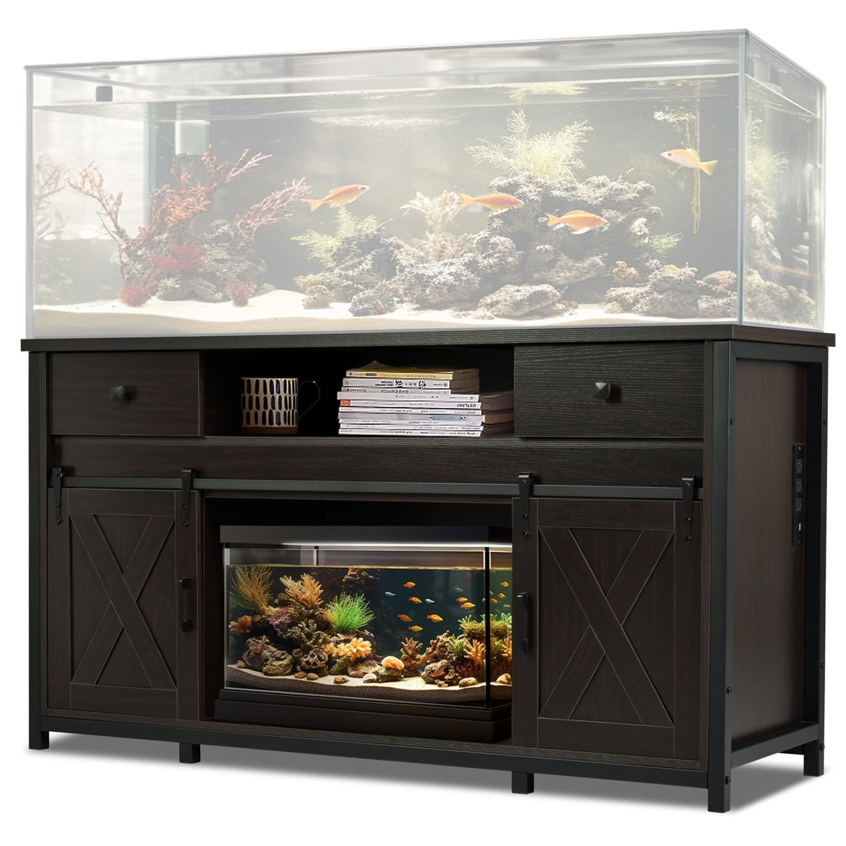 Fantico 75-120 Gallon Aquarium Stand with Power Outlets - Dual Aquarium Support, Cabinet Storage, Thick Hardwood Top, Versatile Socket with Adjustable Panels, 1200 lbs Capacity, Dark Brown Fantico