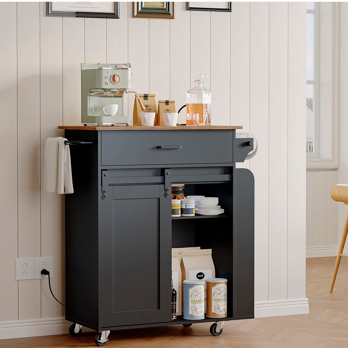 YATINEY Kitchen Island with Storage, Kitchen Storage Cabinets with Charging Station, Kitchen Island on Wheels, Rolling Island Table with Sliding Cabinet Door, Black and Rustic Brown ZD01UBR YATINEY