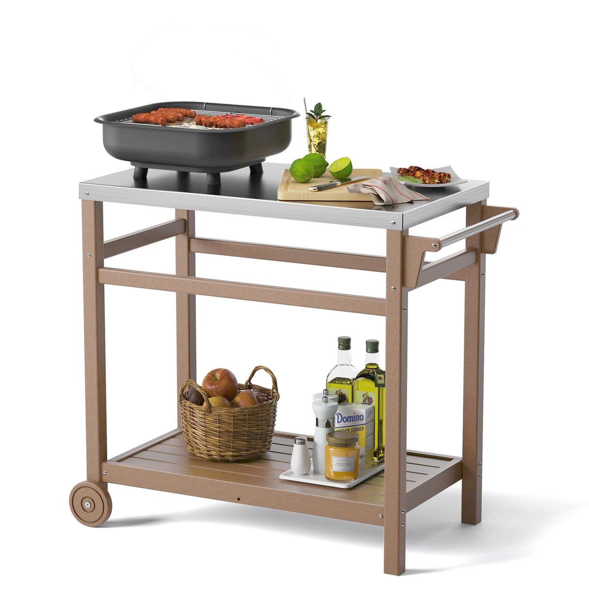 TORVA Outdoor Prep Grill Carts, 303 Stainless Steel Tabletop with High Load Capacity Portable BBQ Table, HDPE Durable Frame 2-Tier Storage Cart, Wood TORVA