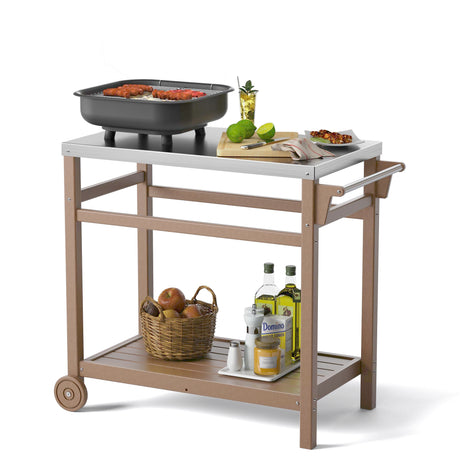 TORVA Outdoor Prep Grill Carts, 303 Stainless Steel Tabletop with High Load Capacity Portable BBQ Table, HDPE Durable Frame 2-Tier Storage Cart, Wood TORVA