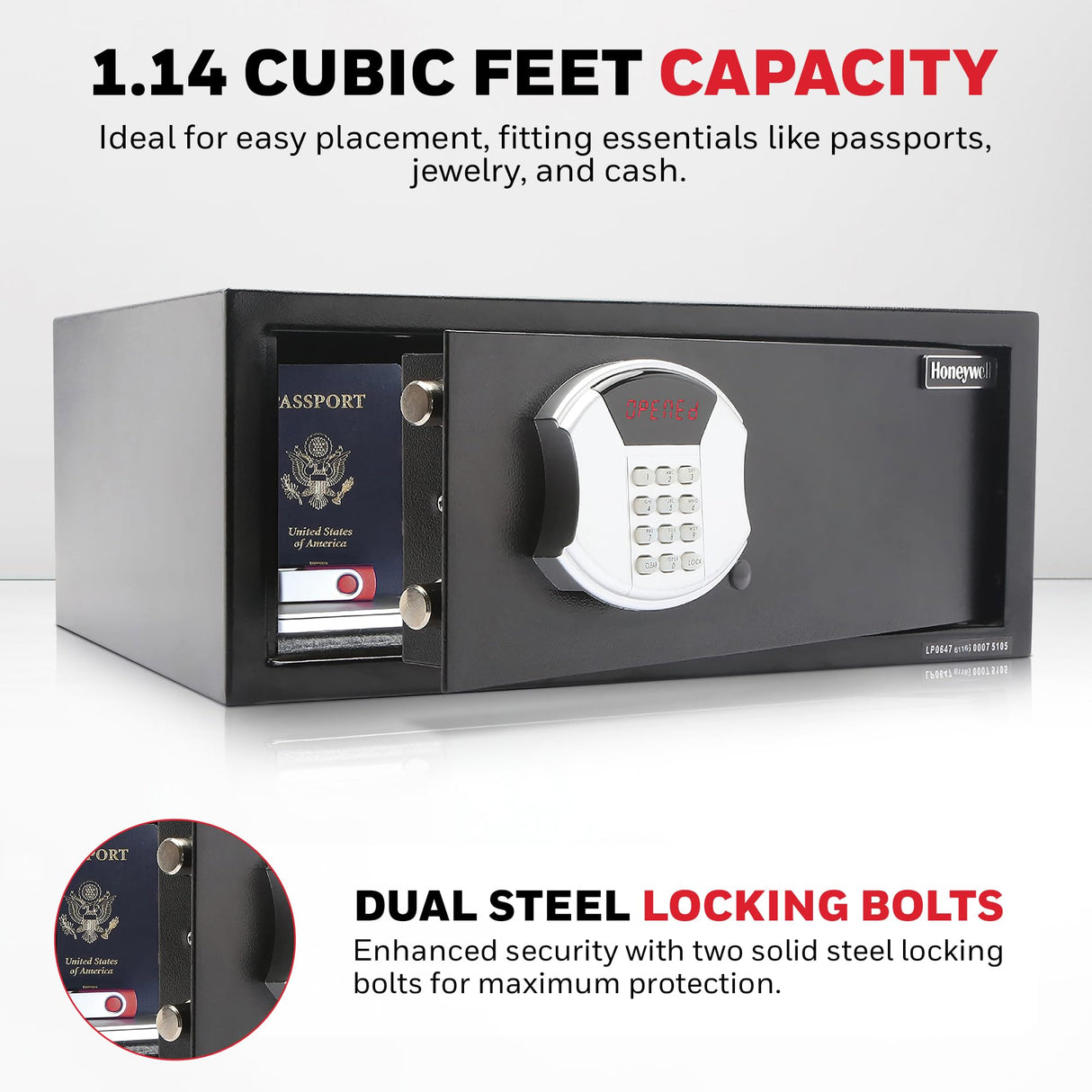 Honeywell Safes & Door Locks - Hideable Safe Box with Hotel-Style Digital Lock - Low Profile Cash Safe with LED Display - Steel Security Safe with 2 Emergency Keys Included - 1.0 CU - Black - 5105 Honeywell Safes & Door Locks