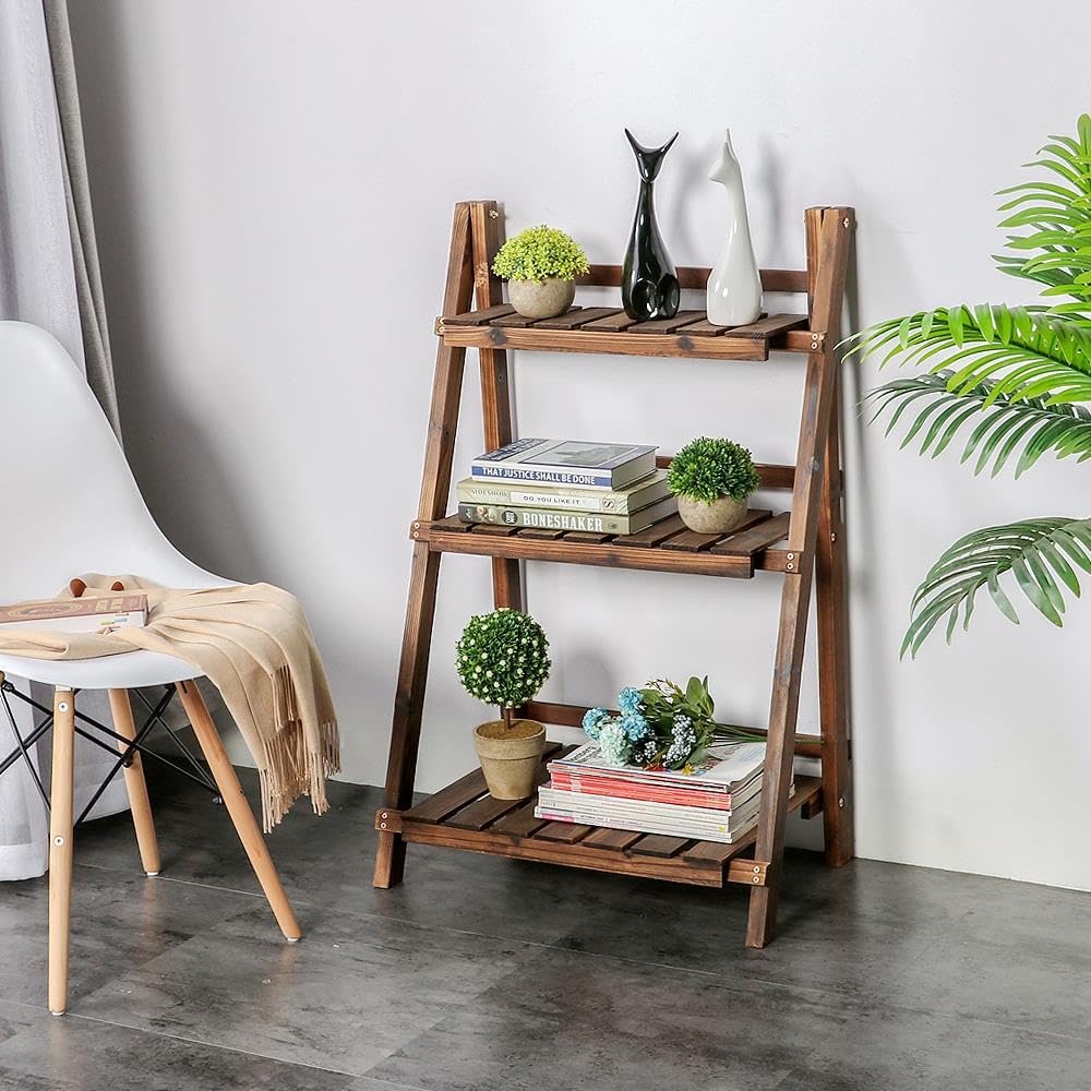 Yaheetech Folding Plant Stand Wooden Foldable Plant Shelf 3-Tier Flower Pot Stand Plants Display Shelf Rack Ladder Garden Indoors Outdoors 23.6 x 15 x 36.6in Yaheetech