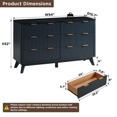 T4TREAM Fluted 6 Drawers Dresser, 54" Wide Modern Chest of Drawers with Faux Marble Top, Curved Profile Design, Dresser TV Stand, Wood Drawer Organizer for Bedroom, Living Room, Hallway, Dark Grey T4TREAM