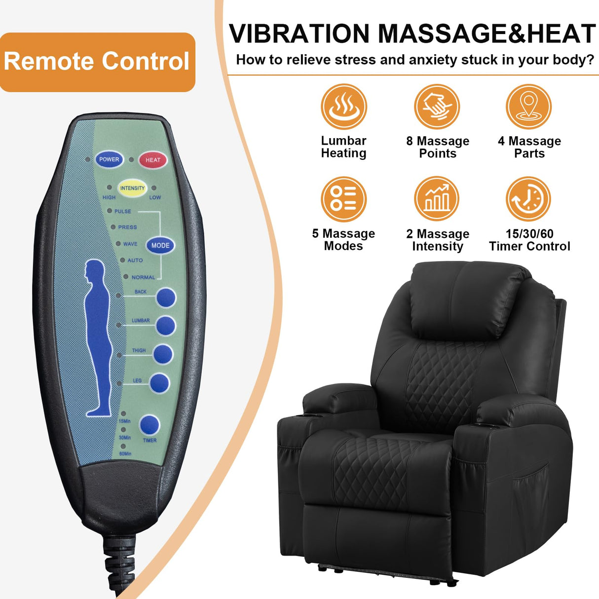 AHMED Power Recliner Chair with Vibration Massage & Heat for Adults, Faux Leather Home Theater Seating with Cup Holders/LED Lights/USB Ports/Side Pockets for Living Room, Black AHMED