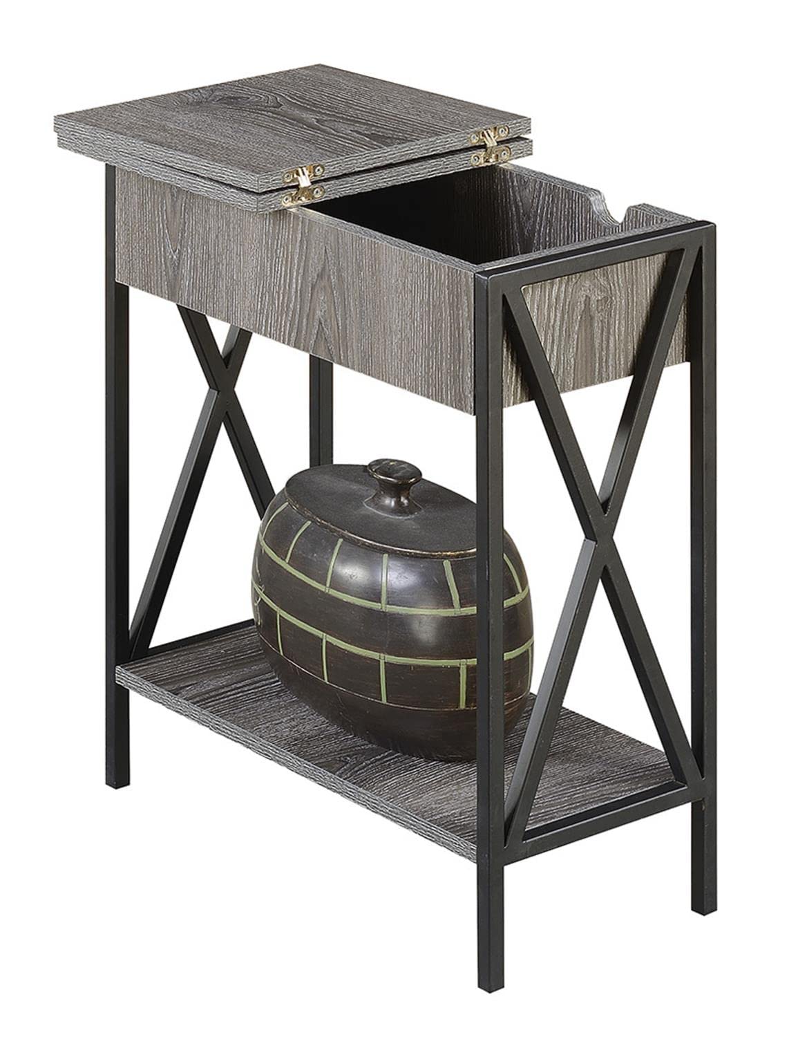 Convenience Concepts Tucson Flip Top End Table with Charging Station and Shelf, Weathered Gray Convenience Concepts