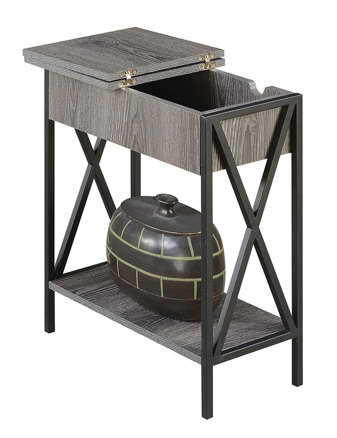 Convenience Concepts Tucson Flip Top End Table with Charging Station and Shelf, Weathered Gray