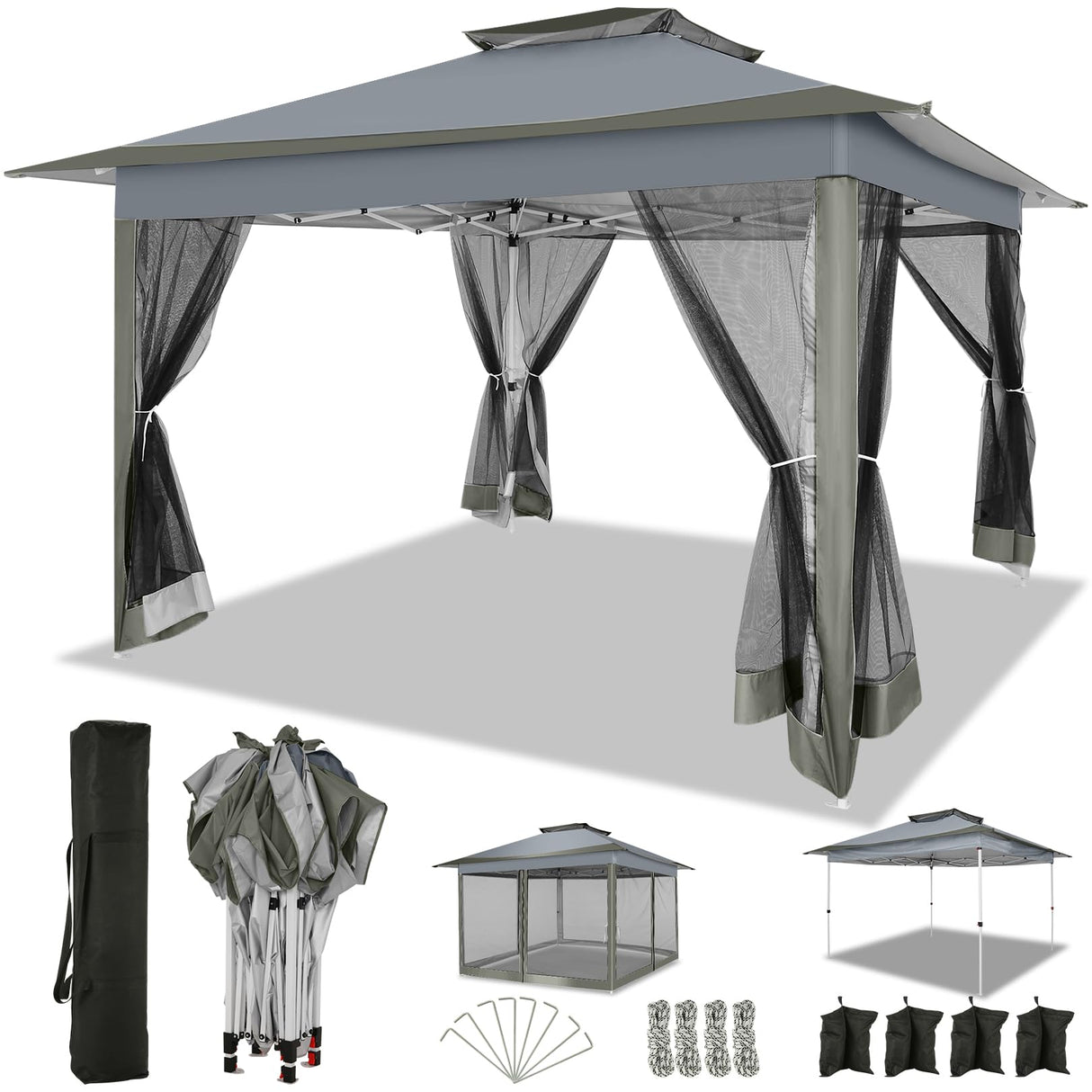 COBIZI 12x12 Pop up Gazebo on Clearance with Mosquito Netting & Sandbags, Outdoor Canopy Tent with 4 Ropes 8 Stakes & Portable Carrying Bag, Patio Portable Gazebo for Garden Backyard & Lawn,Darkgrey COBIZI