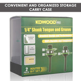 KOWOOD Pro Tongue and Groove Set of 2 Pieces 1/4 Inch Shank Router Bit Set 3 Teeth Adjustable T Shape Wood Milling Cutter KOWOOD