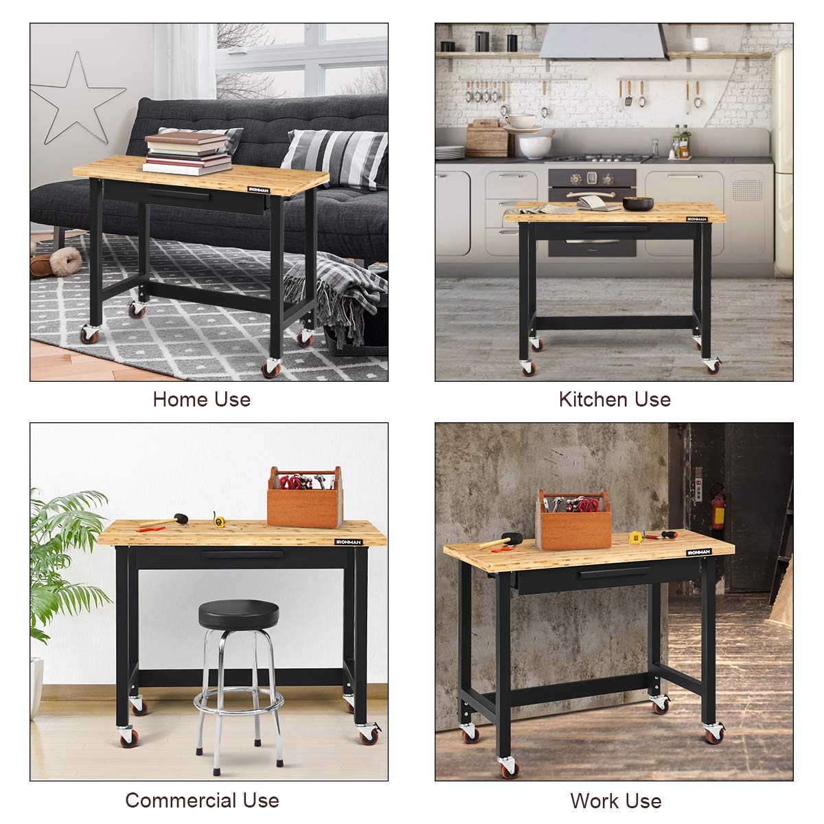 Goplus 48" Mobile Workbench, Bamboo Tabletop Workstation with Two Lockable Casters, Sliding Organizer Drawer, Weight Capacity 500 Lbs, Multipurpose Goplus