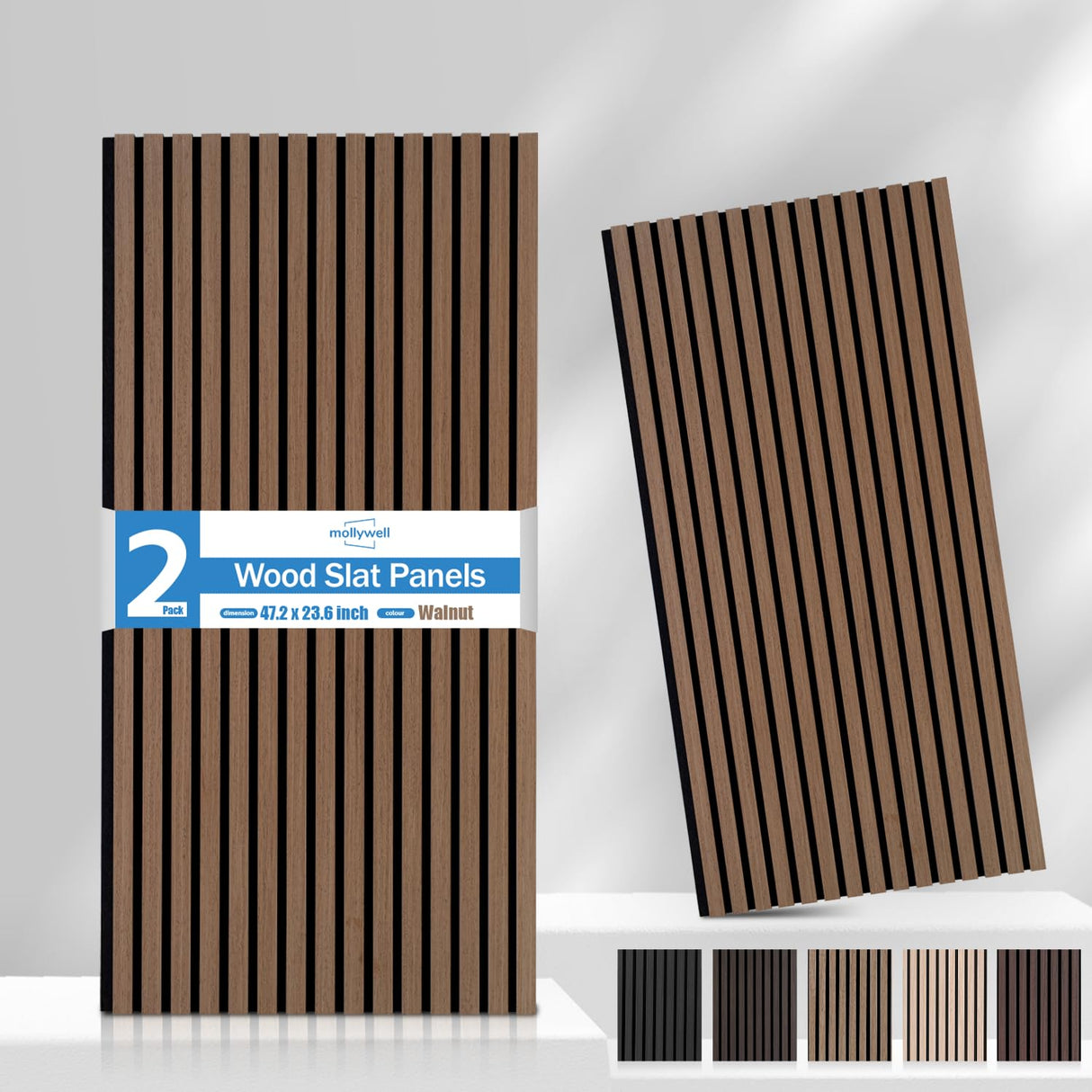 Mollywell Wood Panels for Wall, Time-Saving Installation, Versatile Wood Slat Wall Decor, Enhanced Acoustic & Sound Proof Fluted Design for Home & Office, 2 Pcs Teak, 47.2x23.6 Inch Mollywell
