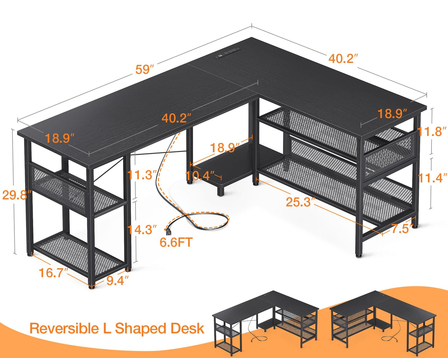 ODK 59" L Shaped Desk with Power Outlet, USB Ports, and Ample Storage - Reversible Black Home Office and Gaming Corner Desk - WoodArtSupply