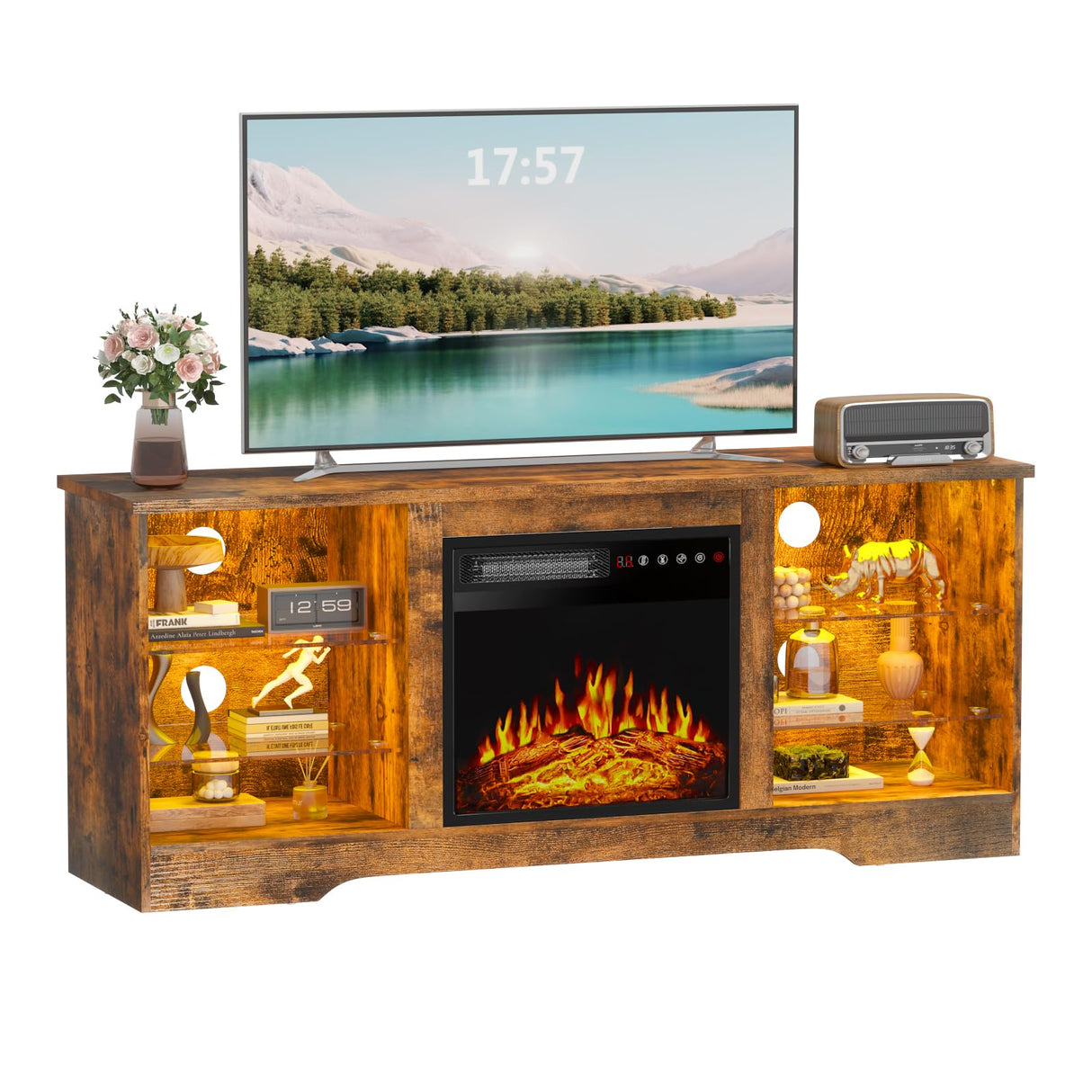 PRETZI Fireplace TV Stand -16 Colors LED Light Entertainment Center with 18" Electric Fireplace Heater & Remote Control,58" TV Media Console with Glass Shelves and Storage for Living Room,Brown PRETZI