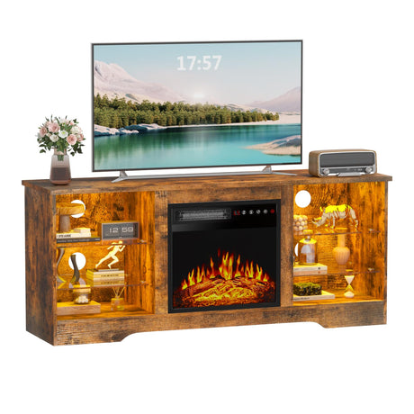 PRETZI Fireplace TV Stand -16 Colors LED Light Entertainment Center with 18" Electric Fireplace Heater & Remote Control,58" TV Media Console with Glass Shelves and Storage for Living Room,Brown PRETZI