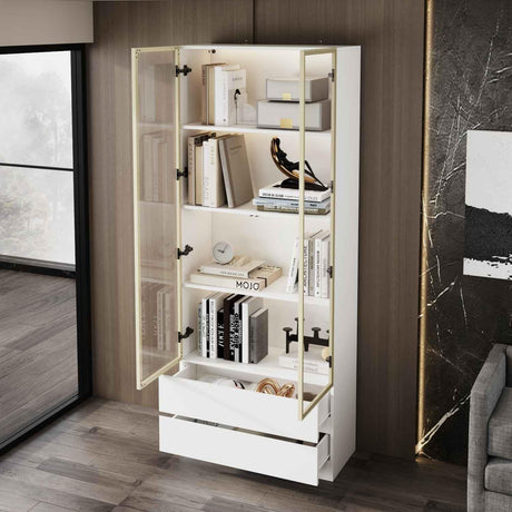 FUNISIR Curio Display Cabinet with Light, Storage Shelves with Pop-up Glass Doors, 2 Drawers & 3 Color Light, Collectibles Cabinet Display Shelf, Bookshelf Showcase for Living Room, White w/Drawer FUNISIR