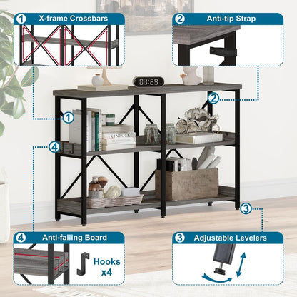 BON AUGURE Dark Grey Oak Industrial Sofa Console Table with 3 Tiers and Hooks - WoodArtSupply