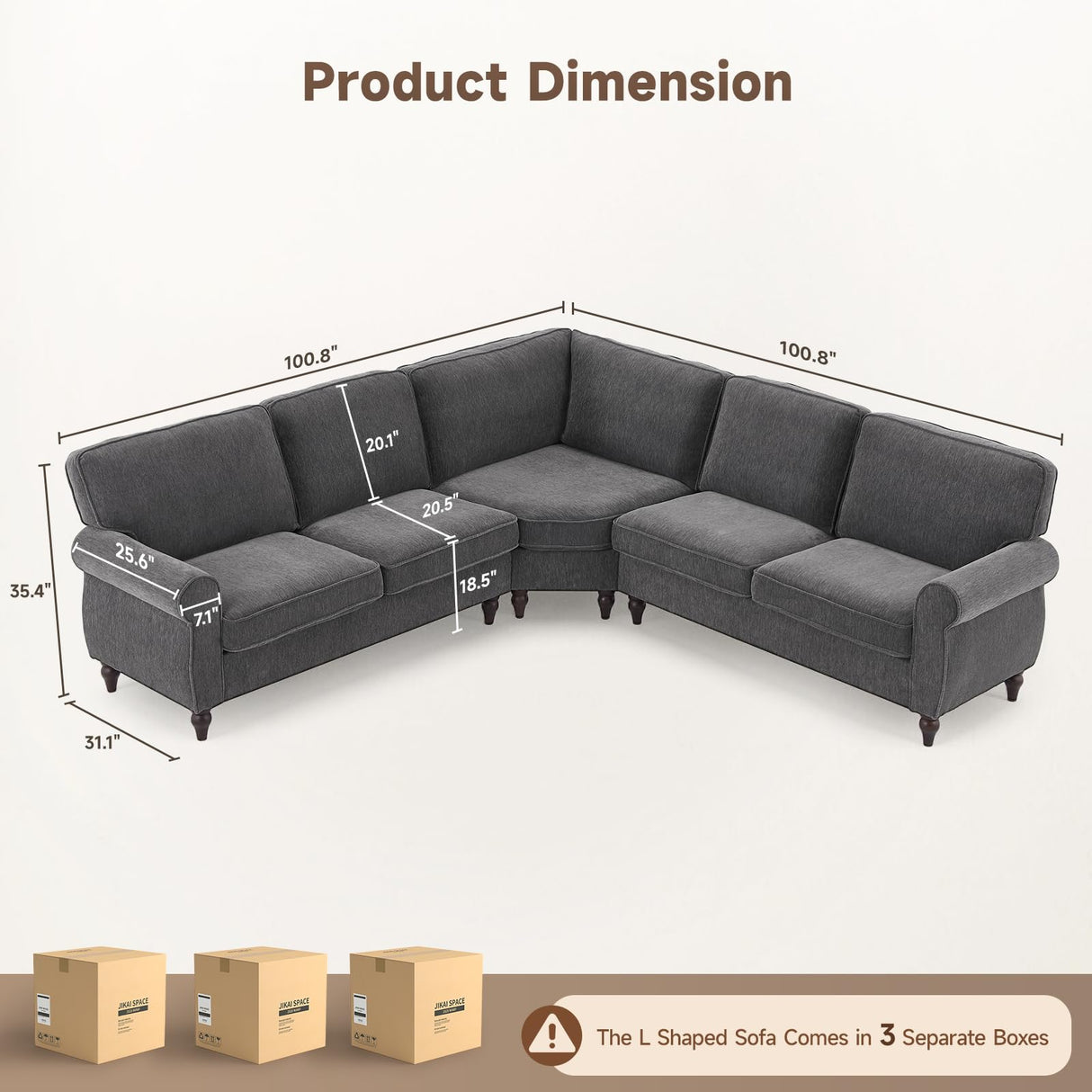 ONBRILL 101" L Shaped Couch, Sectional Corner Sofa with Rolled Arms, 5 Seater Chenille Fabric Couch w/Springs Seat Cushion, Wooden Legs, Comfy Oversized Sofa for Living Room, Apartment, Grey ONBRILL