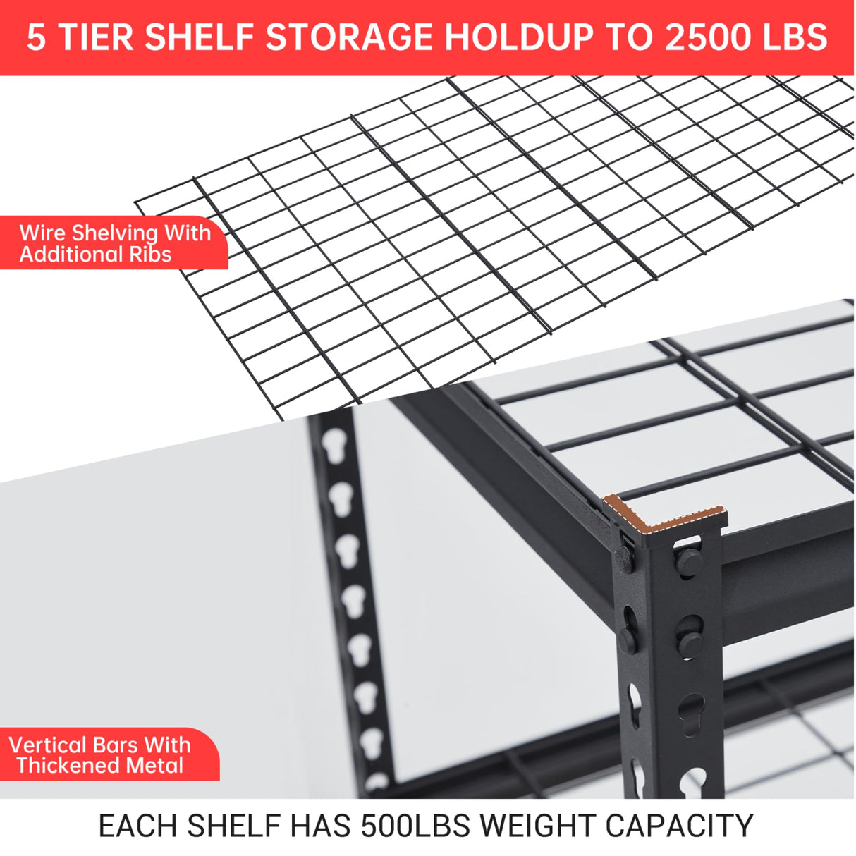 COZONY 48x18x72 Inch Garage Shelving, 5 Tier Heavy Duty Wire Shelf 2500 Lbs Capacity, Adjustable Metal Shelves, Industrial Utility Shelf Rack for Garage, Basement, Pantry, Warehouse COZONY