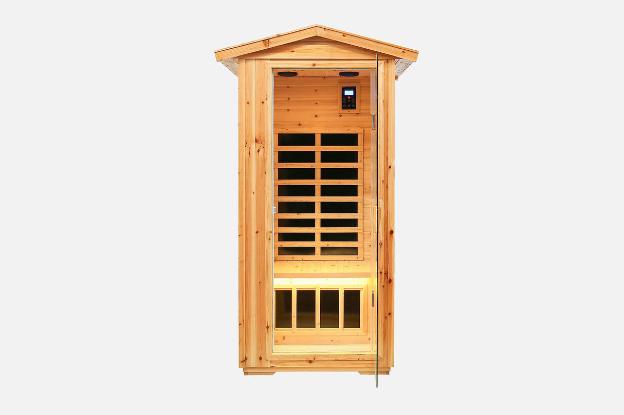 Buycitky Infrared Sauna for Home - 1560W, 1-Person Outdoor Wood Sauna Room with LCD Control Panel, Tempered Glass Door, Low EMF & Bluetooth Sound System Buycitky
