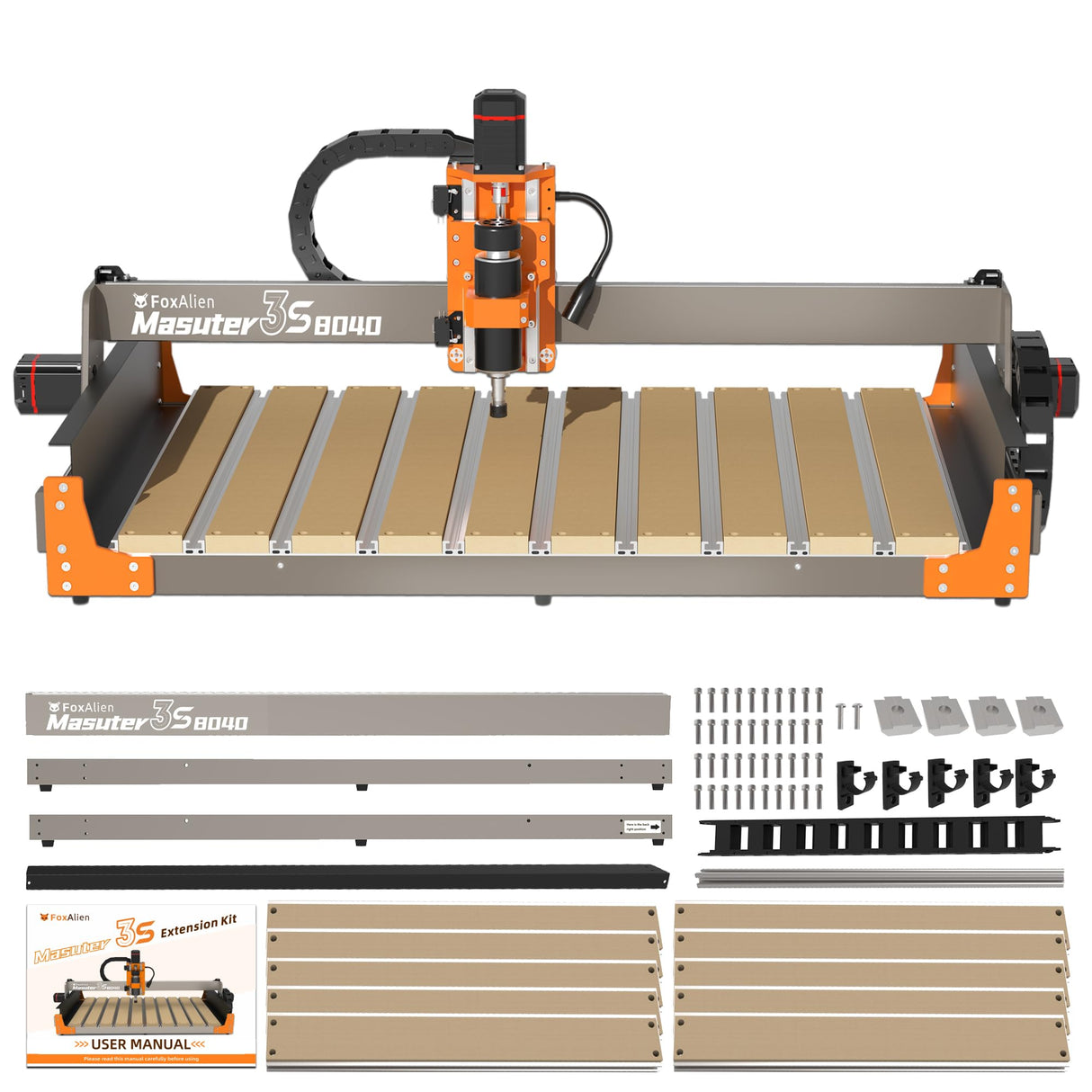 FoxAlien 3S 8040 X-axis Extension Kit with T-slot Hybrid Spoilboard for Masuter 3S CNC Router Machine, for Large Engraving Carving Projects (Extend X-axis to 800mm) FoxAlien
