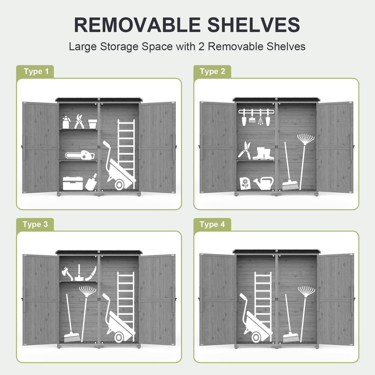 Gizoon Outdoor Storage Cabinet with Waterproof Roof, Double Lockable Doors Garden Shed with 2 Removable Shelves, Wooden Storage Shed with Large Storage Space for Patio, Garden, Backyard, Lawn, Grey Gizoon